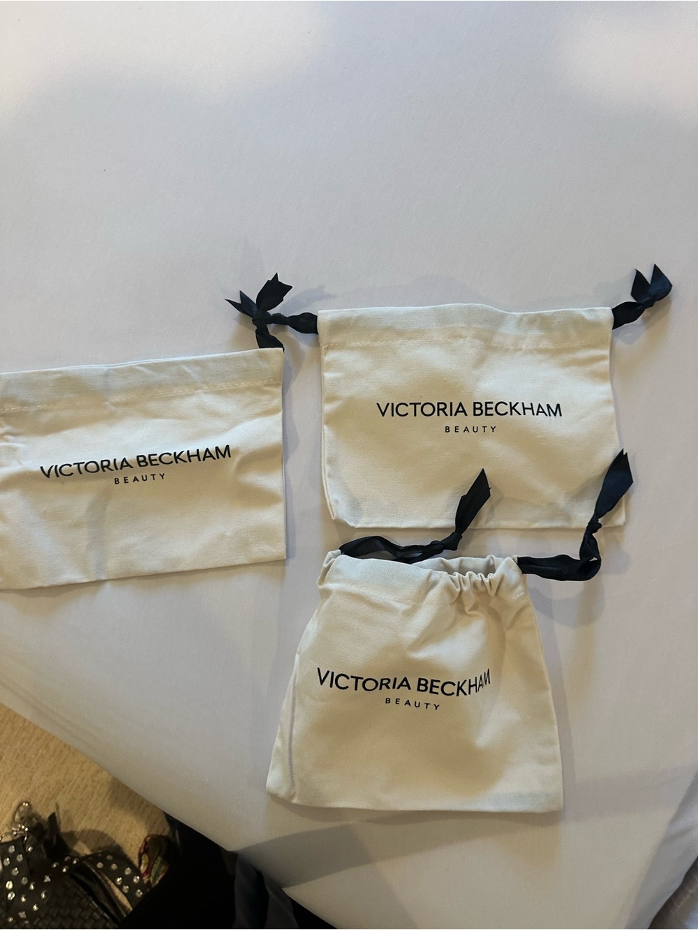 Victoria Beckham Cream Drawstring Cosmetic Pouch Set with Black Ties
